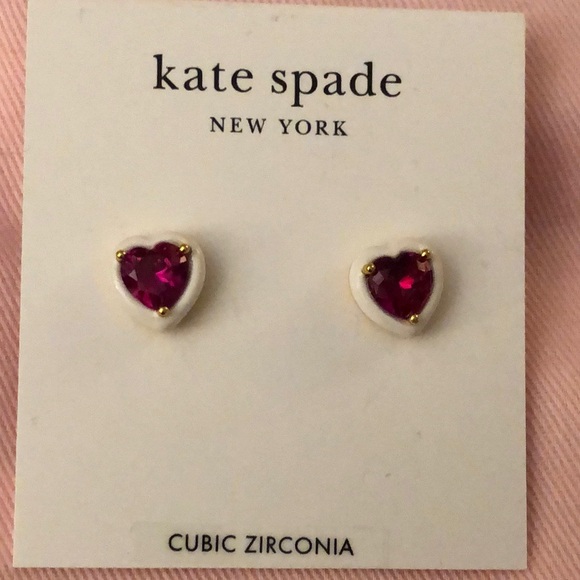 Kate Spade Sweetheart Heart Shaped Stud Earrings White Frame Red CZ Accent NWT - Picture 1 of 14